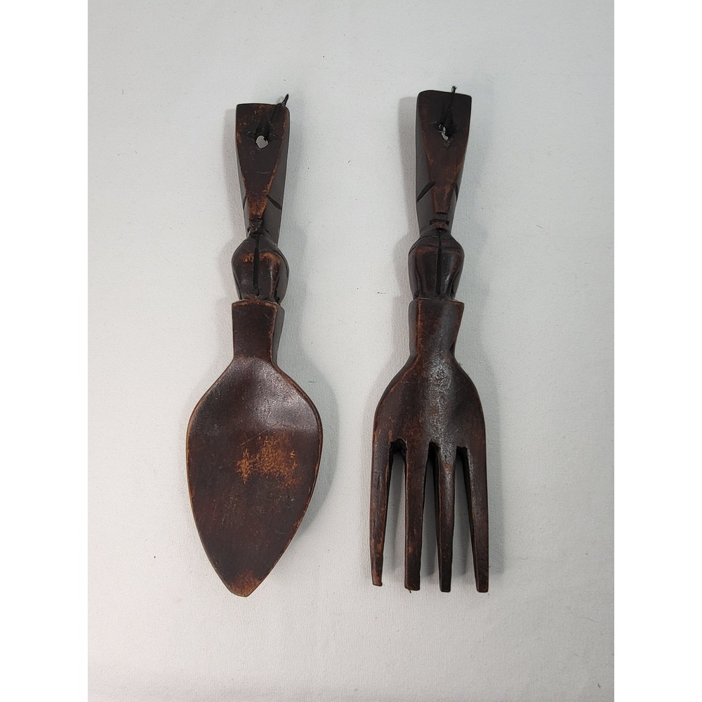 Vintage Hand Carved Wooden Fork and Spoon Wall Decor Set 12 Inch Figurative Art